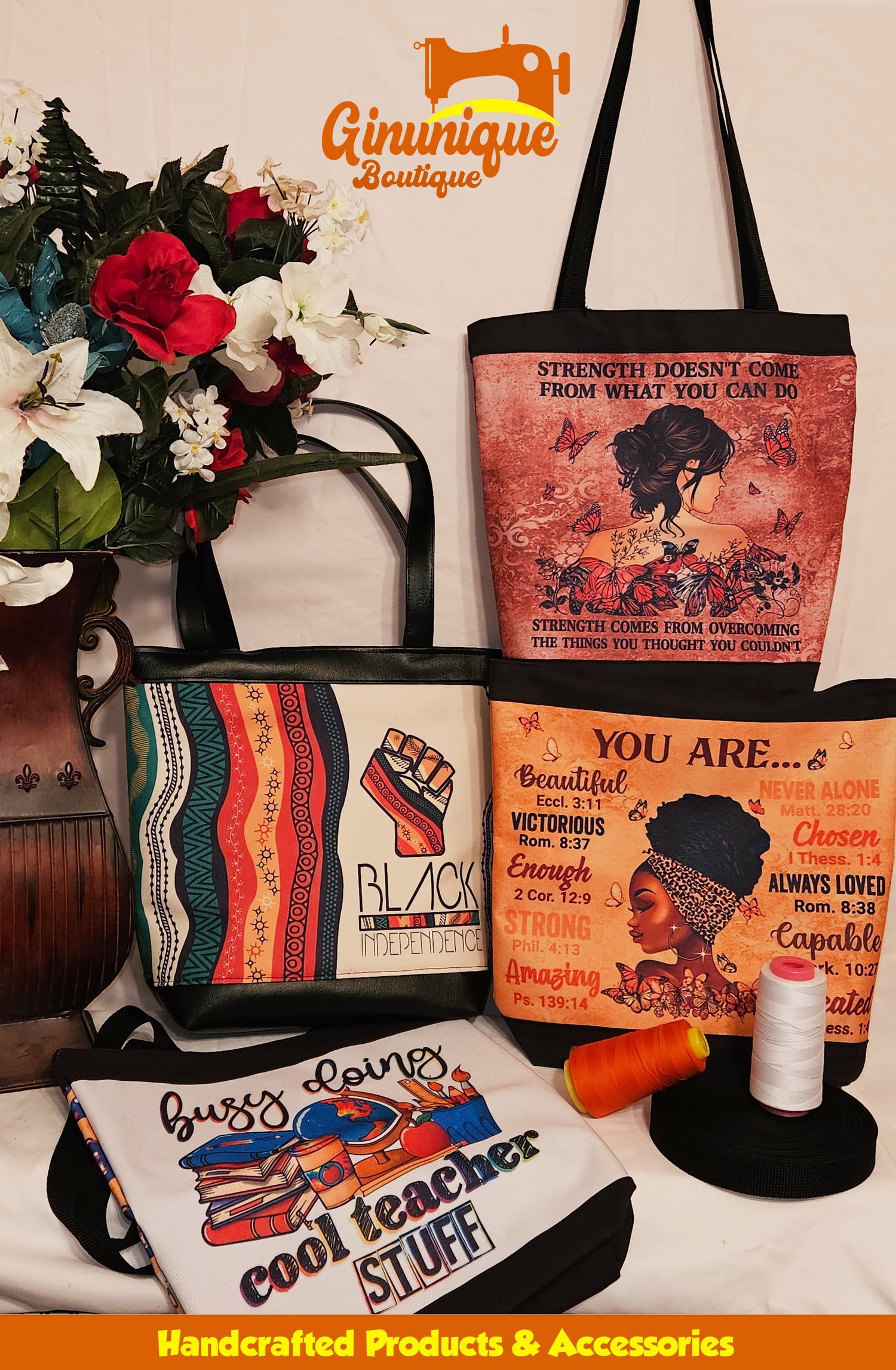 Tote bags are customized, assembled, and sewnby Ginunique. 