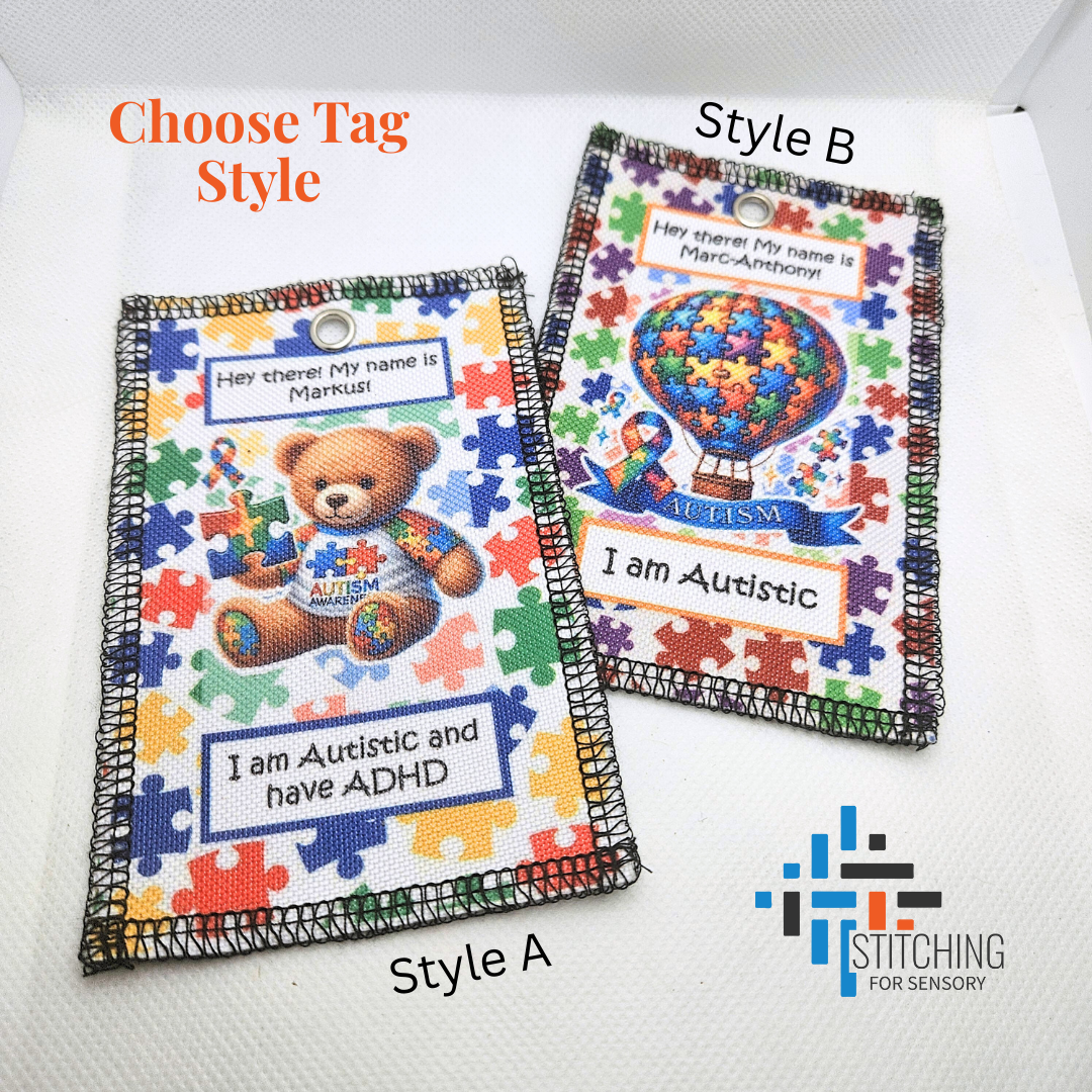 Two autism awareness name tags with different designs on a white background. Style A is bold Autism print with teddy bear and Style B is a pastel Autism print with balloon.