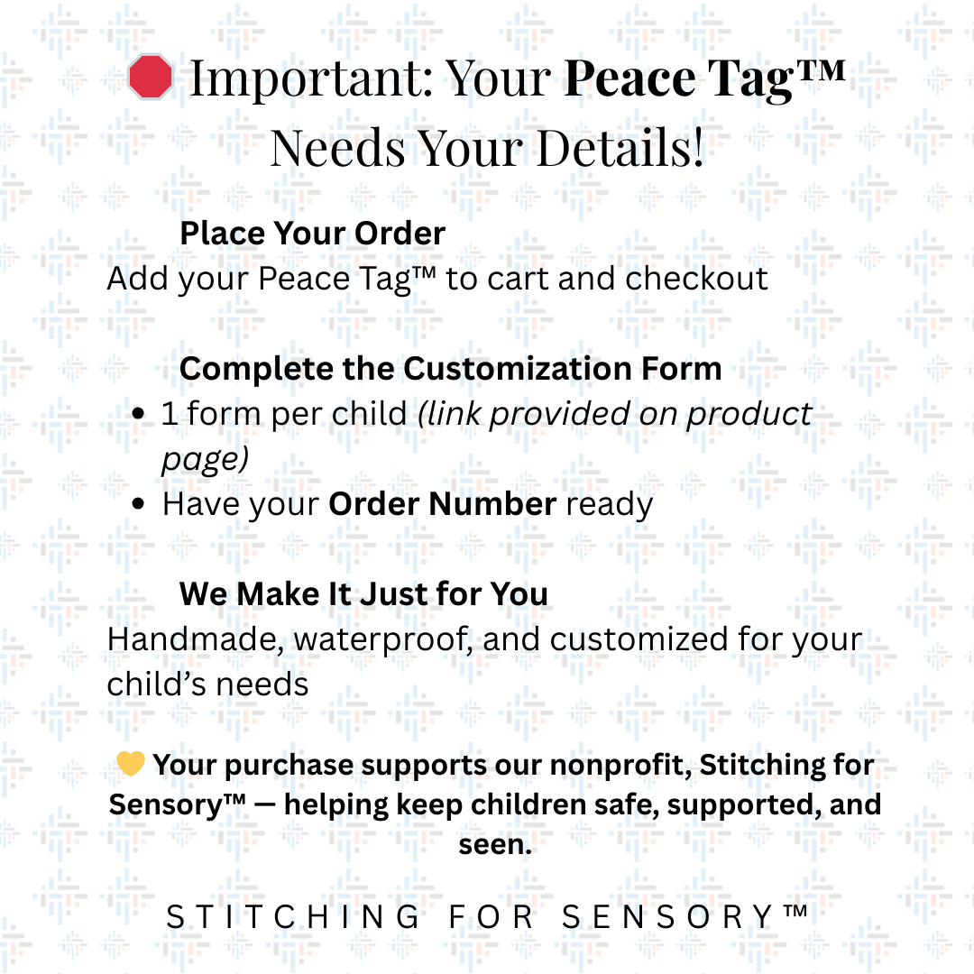 Instructions for ordering and customizing a 'Peace Tag' with details on how to place an order and support a nonprofit.