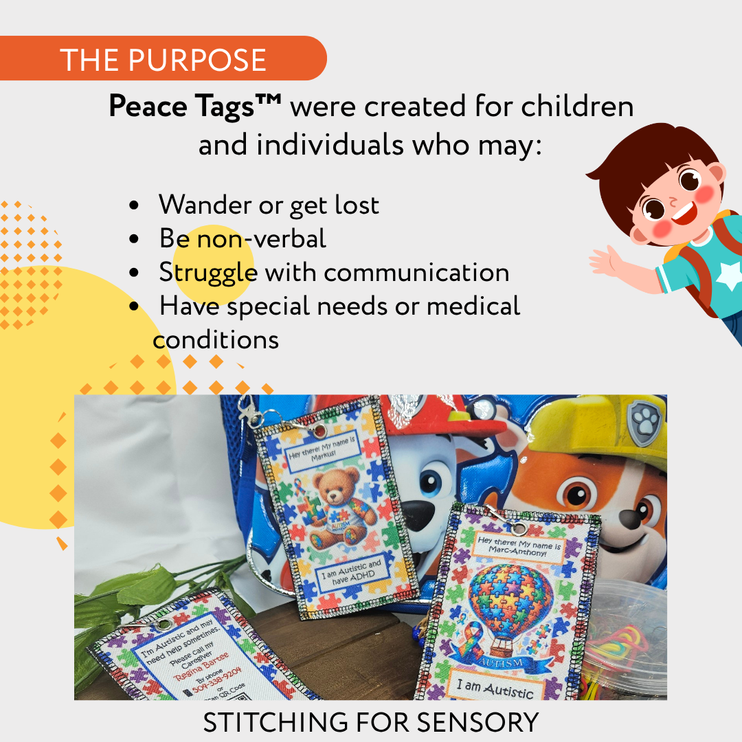 Peace Tags for children and individuals with special needs, featuring cartoon character and product images.