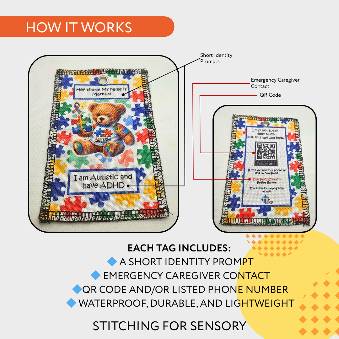 Colorful tag with a teddy bear and puzzle pieces, featuring text and QR code on a white background.