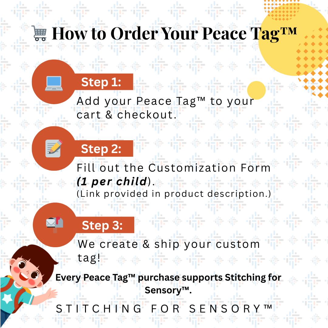 Instructions for ordering a Peace Tag with colorful steps and a child illustration.