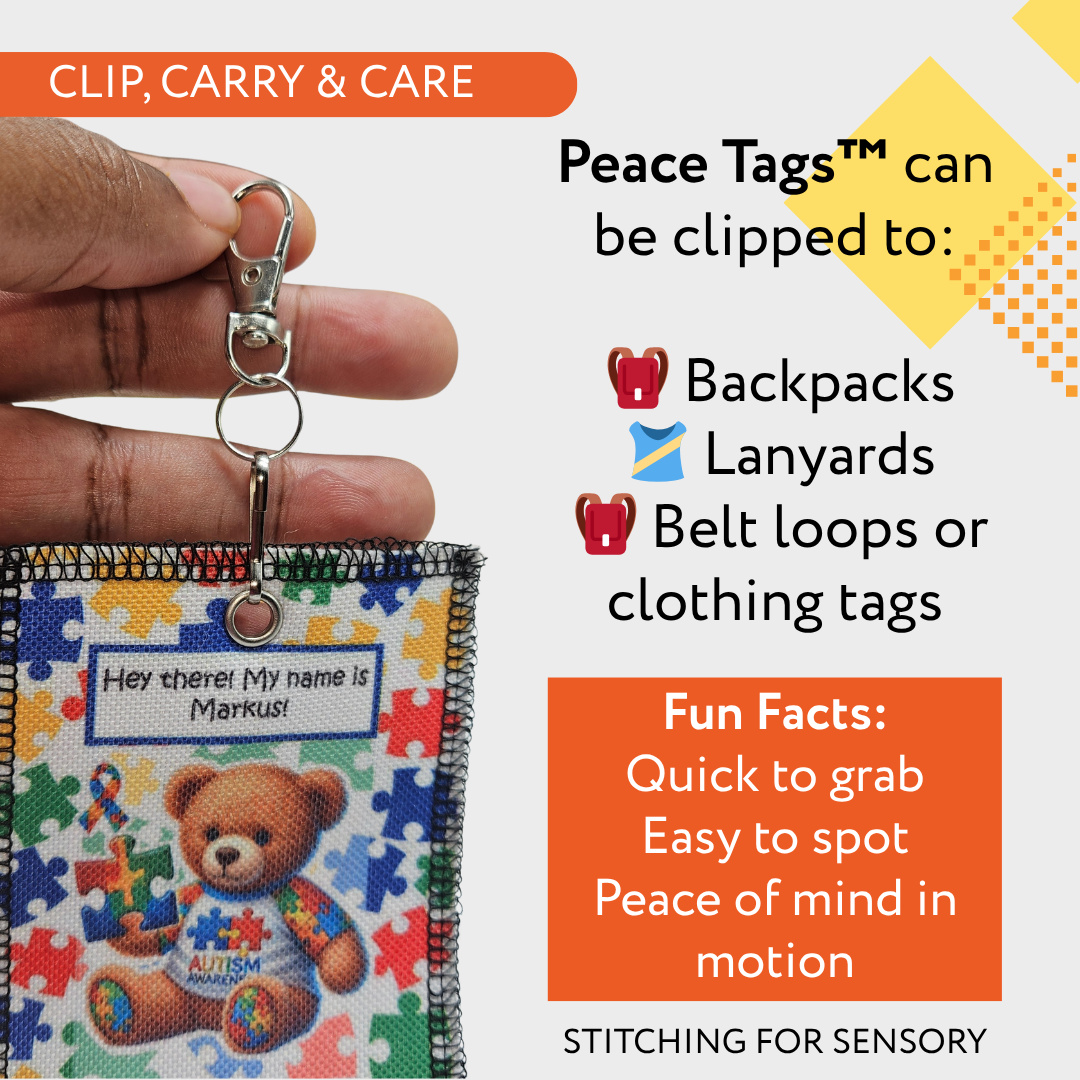 Peace Tag with teddy bear design held by a hand, with text about its uses and features.