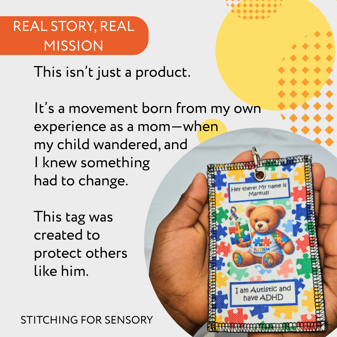 Colorful tag with a teddy bear design held by a hand, with text about its purpose.