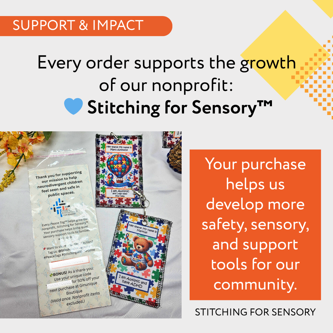 Promotional image for Stitching for Sensory with products and text about supporting a nonprofit.
