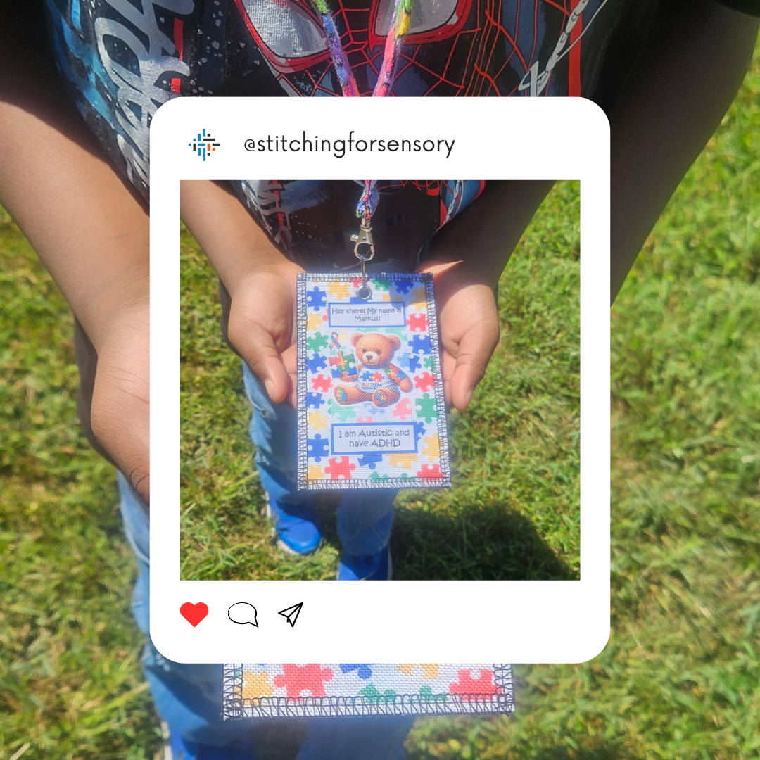 Child wearing a handmade autism puzzle piece lanyard with a Peace Tag™, showing a safe and comfortable way to carry ID information.