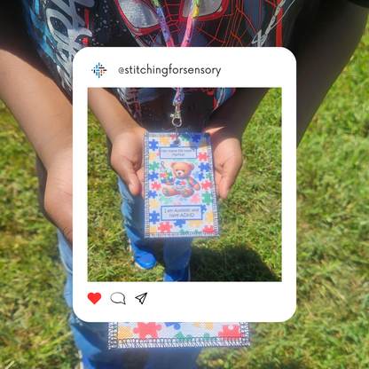 Child wearing a handmade autism puzzle piece lanyard with a Peace Tag™, showing a safe and comfortable way to carry ID information.