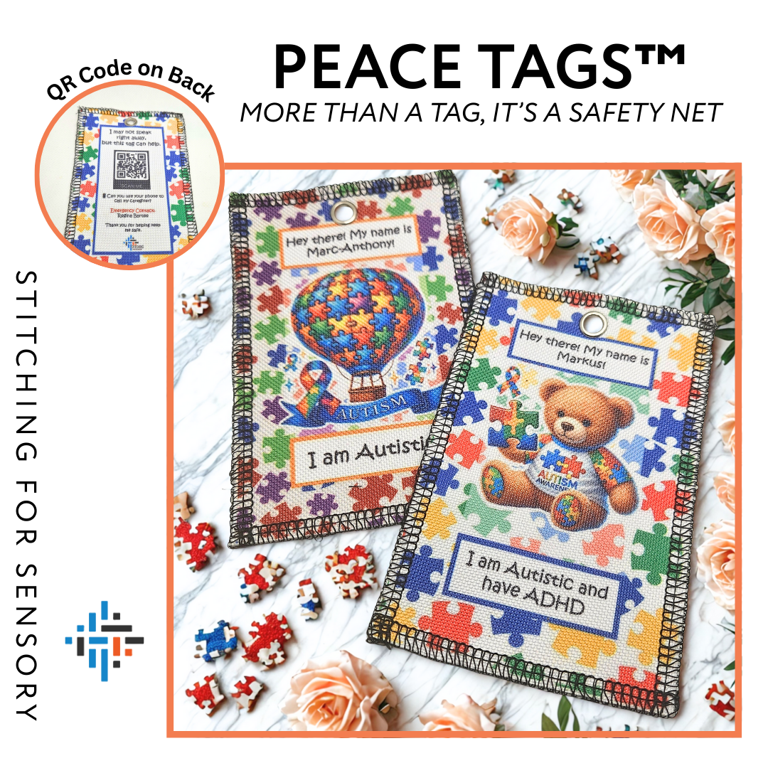 Peace tags with colorful designs and text on a white background with flowers.