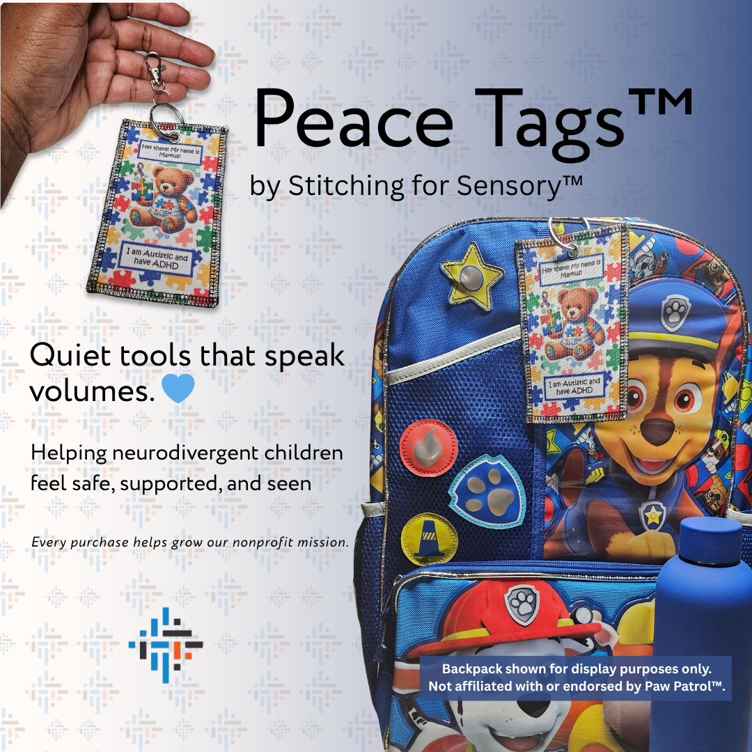 Backpack with Peace Tags by Stitching for Sensory on a white background