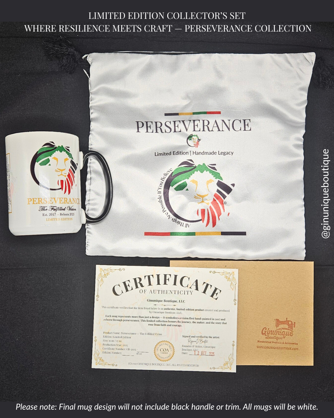 Perseverance Collector’s Set featuring limited edition mug, satin drawstring bag, and certificate of authenticity by Ginunique Boutique.